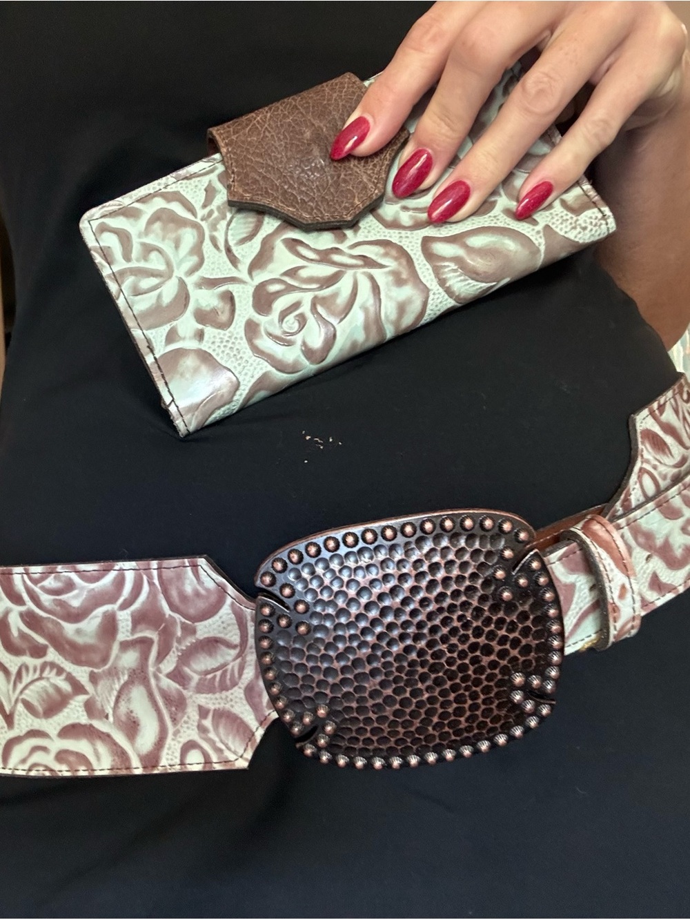 Floral Embossed Wallet with Matching Wide Belt - Brown/Cream/lgt turquoise